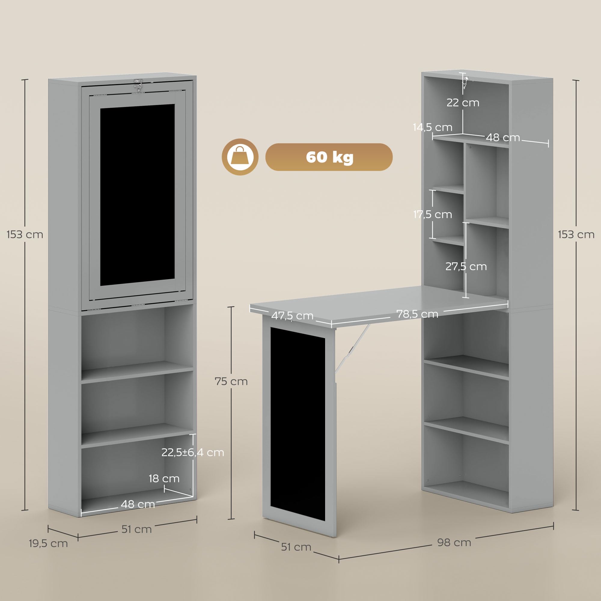 HOMCOM Escritorio Plegable para Ordenador, Escritorio con almacenaje, Mesa de Pared Plegable con librería, estación de Trabajo, Pizarra y Estante Ajustable, Gris Oscuro | Plegable, estación de trabajo, mesa negra, 9 compartimentos abiertos, estante ajusta