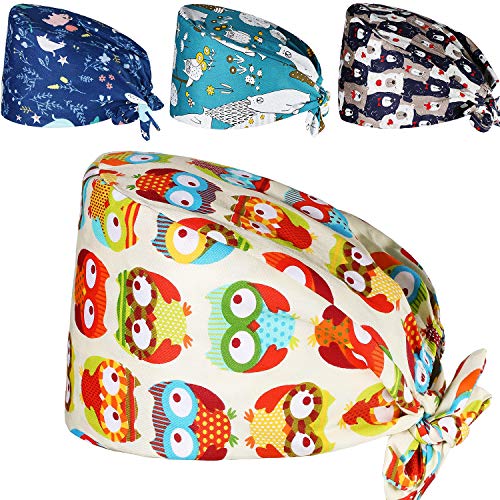 4 Pieces Gourd-Shaped Working Caps with Sweatband Adjustable Bouffant Hats Tie Back Hats Cute Printed Working Caps for Women Men (Colorful Animal)