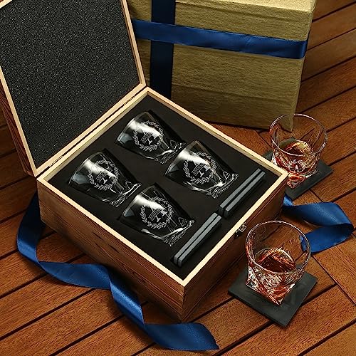 Personalized Twisted Whiskey Glasses Set Of 4 - Fathers Day Gift From Wife, Daughter, Son For Dad, Grandpa, Husband - Classic Old Fashioned Whiskey Glass Set With Coasters In Premium Wooden Gift Box #TOP3