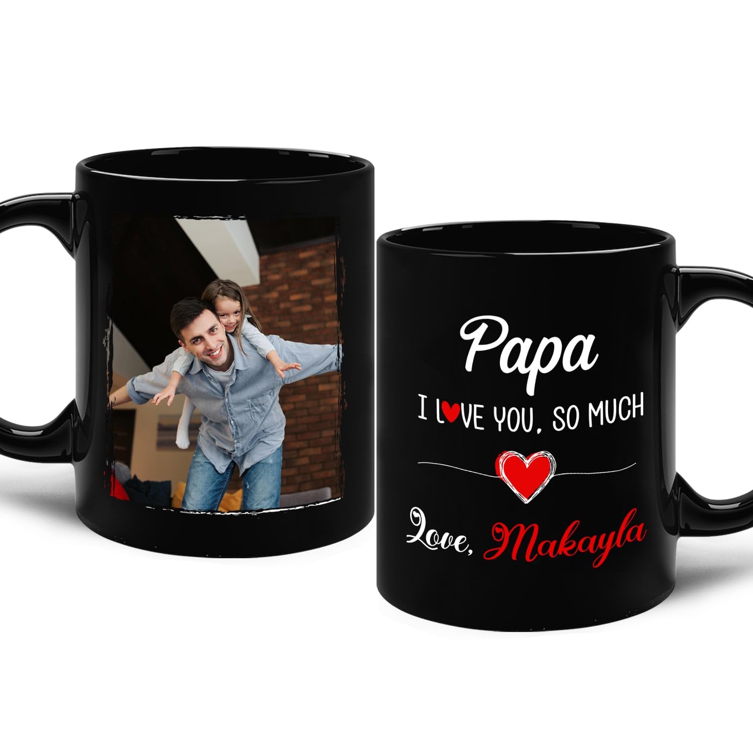 Custom Photo Papa Coffee Mug Gift For Grandpa Grandfather Grandad, Personalized Name Text & Picture Papa I Love You Black Ceramic Mug 11 Oz 15 Oz, Add