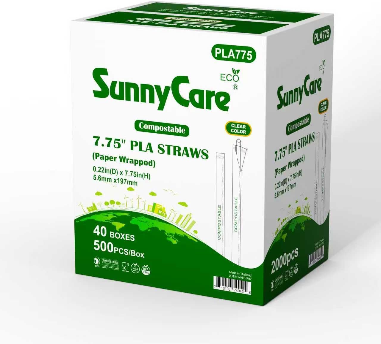 SunnyCare 2000pcs Compostable Paper Wrapped Plastic Straws, 7.75" Long, 5mm Diameter, 500/box,4Boxs Clear Disposable Plant Based PLA Plastic, Standard Sized Drinking Straws, BPI-Certified