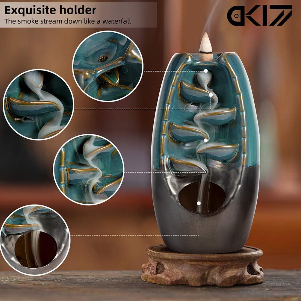 DK177 Waterfall Incense Holder Backflow Cone Ceramic Burner Handcrafted Porcelain Censer Incense Stick Stand with 20 Free Cones
