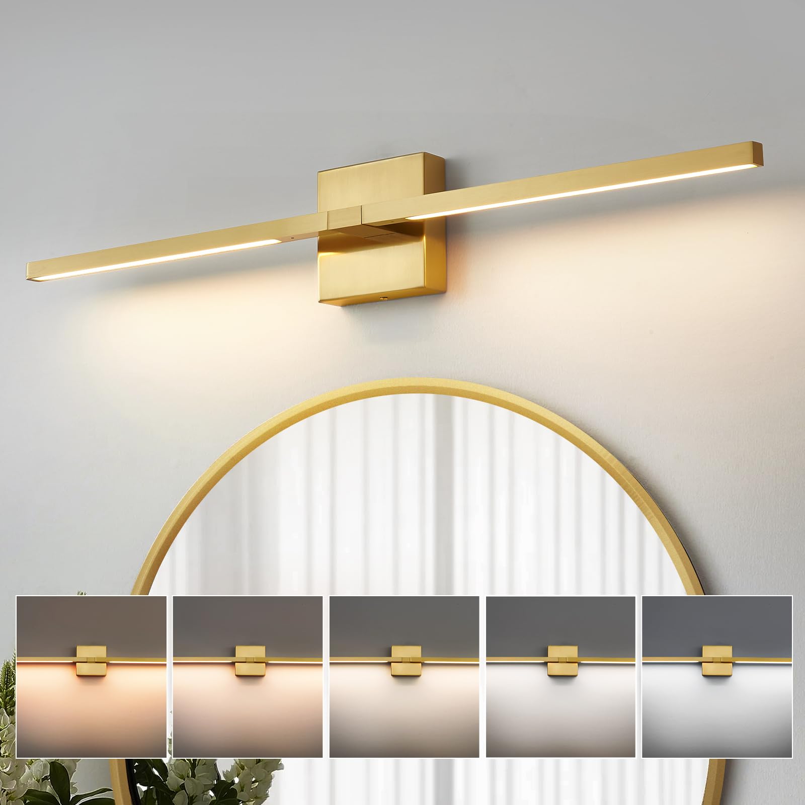 Gold Bathroom Vanity Light Fixtures - 30 inch Rotatable Modern LED Vanity Lights for Bathroom with 5CCT Warm White Lighting Brushed Bathroom Wall Sconce Over Mirror