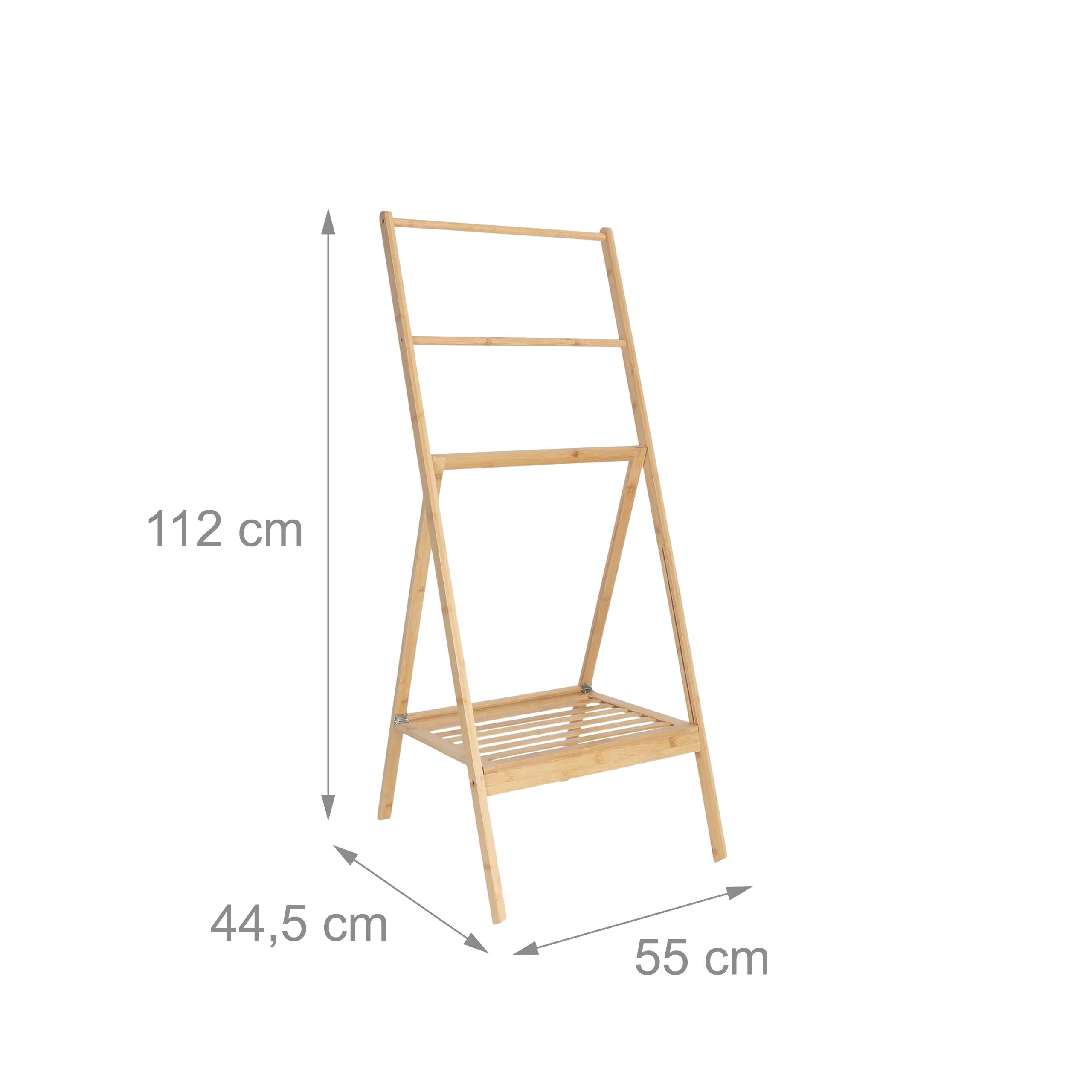 Relaxdays Toallero de bambú, Plegable, con Estante, 3 Barras, 112 x 55 x 44,5 cm, Soporte para Toallas, Color Natural