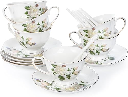 Foraineam Juego de taza de té y platillo, tazas de café floral marfil de porcelana con platillos y cucharas, juego de taza de té de 6 onzas con
