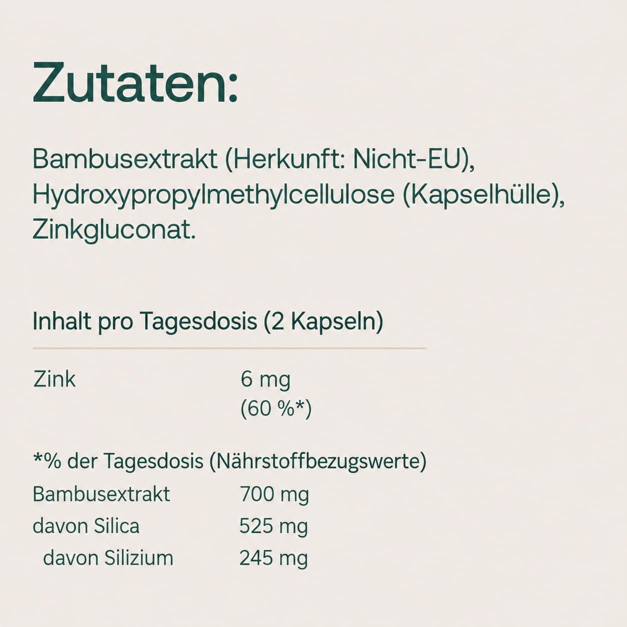Effective Nature Silizium Kapseln hochdosiert mit Zink | 700 mg Bambusextrakt mit 525 mg Silica pro Tag – Zink für Haut, Haare, Nägel und Knochen, vegan - 180 Stk.
