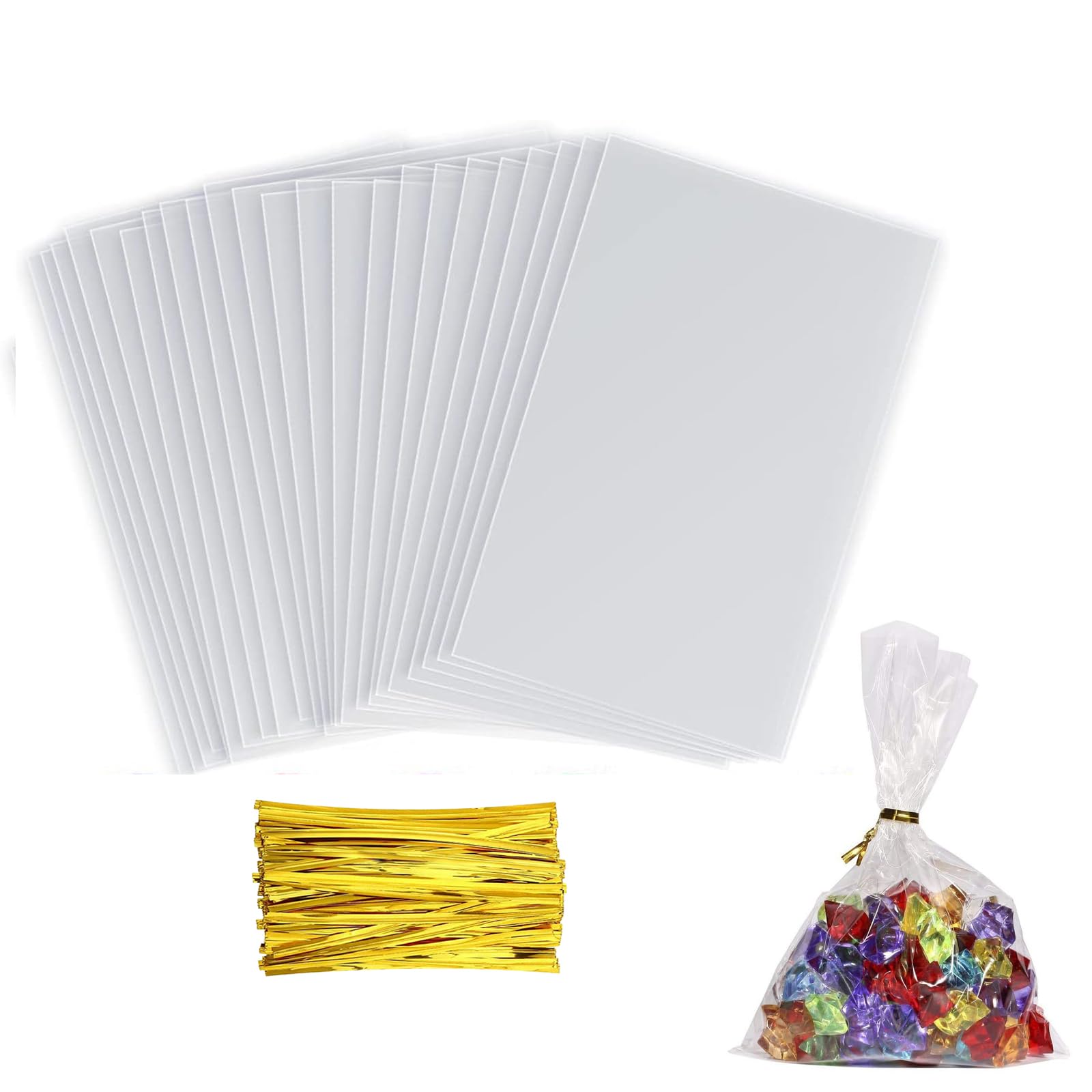 Muiltvoe 100Pcs Cellophane Treat Bags, 4 * 5.9IN/10 * 15CM Cellophane Candy Bags with Twist Tie, Clear Flat Bottom Treat Bags Party Favour Bags for Candies, Cookies
