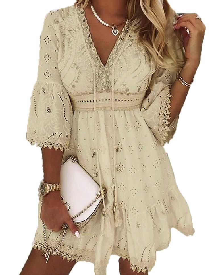 MARSVOVO Women Princess Mini Dress Solid Color Deep V Neck White Lace Dresses Casual Summer Lotus Leaf Sleeve Beach Dress