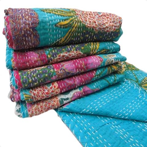 Handcrafted Kantha Quilt Cotton Reversible Bedspread Floral Turquoise Blue Be Cover