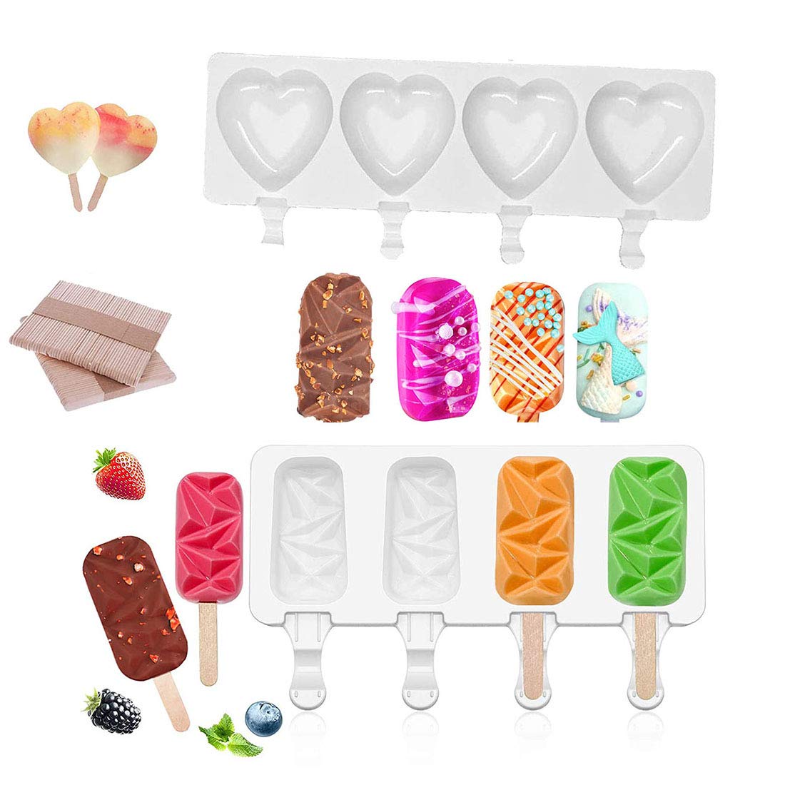Buy 2PCS 4 Cavity Diamond Popsicle Silicone Mold Heart Ice Cream Mold