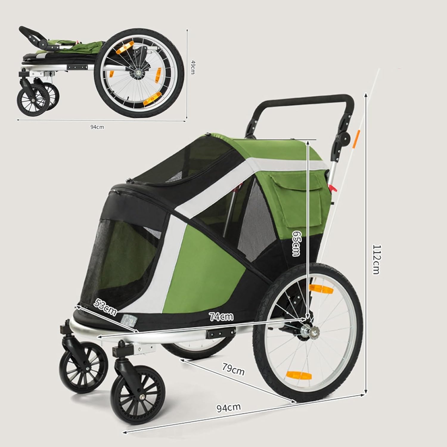 2-in-1 Pet Stroller Cart,Bike Trailer,Large Medium Sized Dogs Bicycle Carrier,Supports Up to 30KG/66 Lbs,Reflectors,for Outdoor (Green)