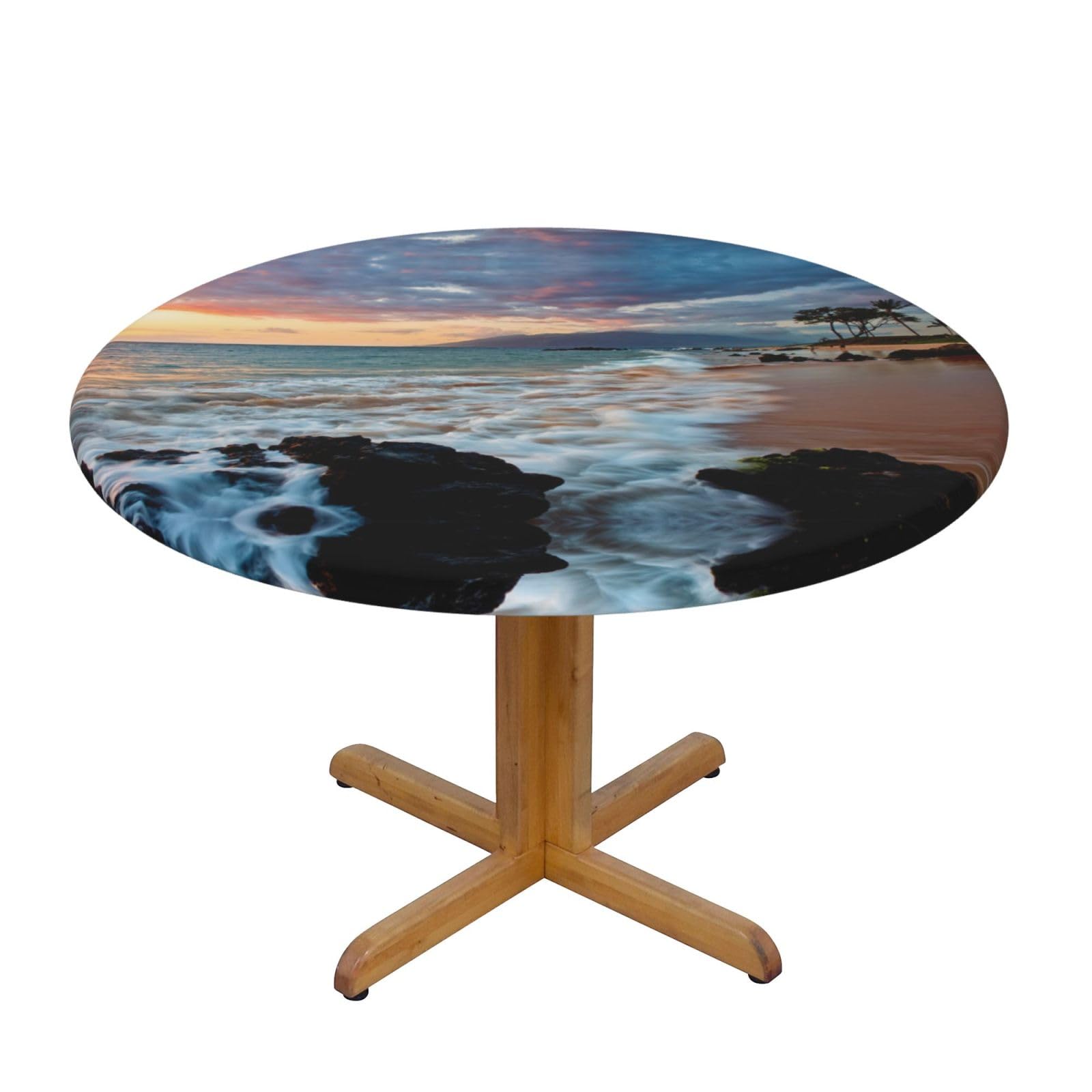 EZDLOWVBA Beach Maui Hawaii Sunset Clouds print Round Tablecloth with Elastic Fits Tables Outdoor Tablecloth,Stain Resistant Table Cover for Kitchen Dining Parties