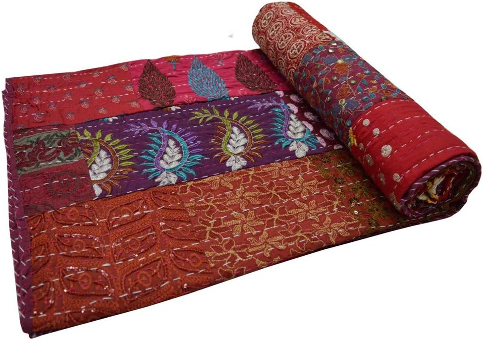 SHIRANYA Indian Handmade Floral Print Printed Kantha Quilt, Twin Size Kantha Bedding, Bedspread