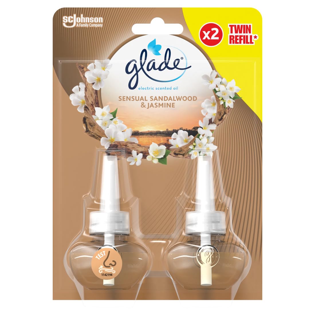 Glade Wkład do odświeżacza powietrza, elektryczny zapachowy odświeżacz powietrza do pomieszczenia olejowego, drzewo sandałowe i jaśmin, opakowanie 6 sztuk (12 x 20 ml)