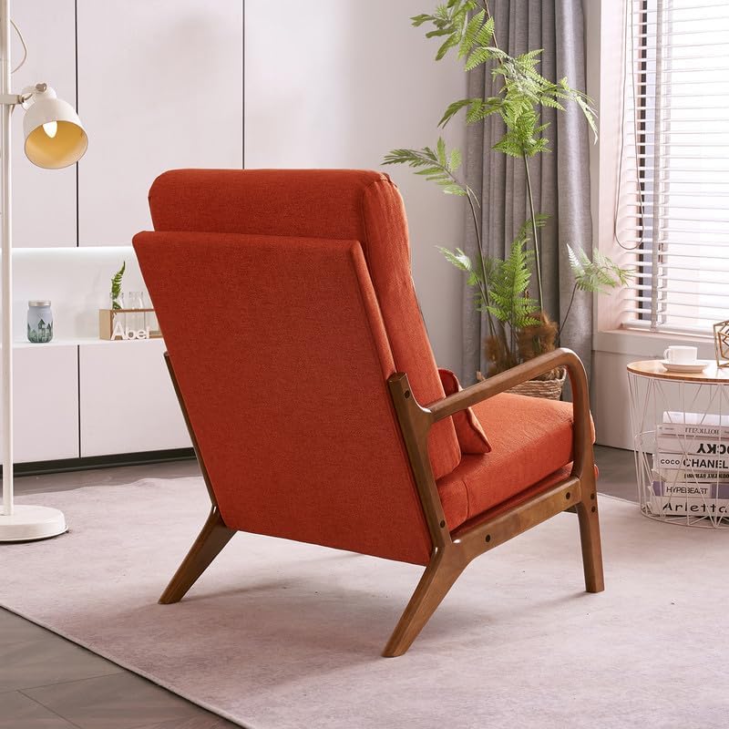 Miniatura 8 de Mid Century Modern Accent Chair Linen High Back Reading Armchair with Wood Frame, Upholstered Living Room Chairs with Waist Cushion, Single Lounge
