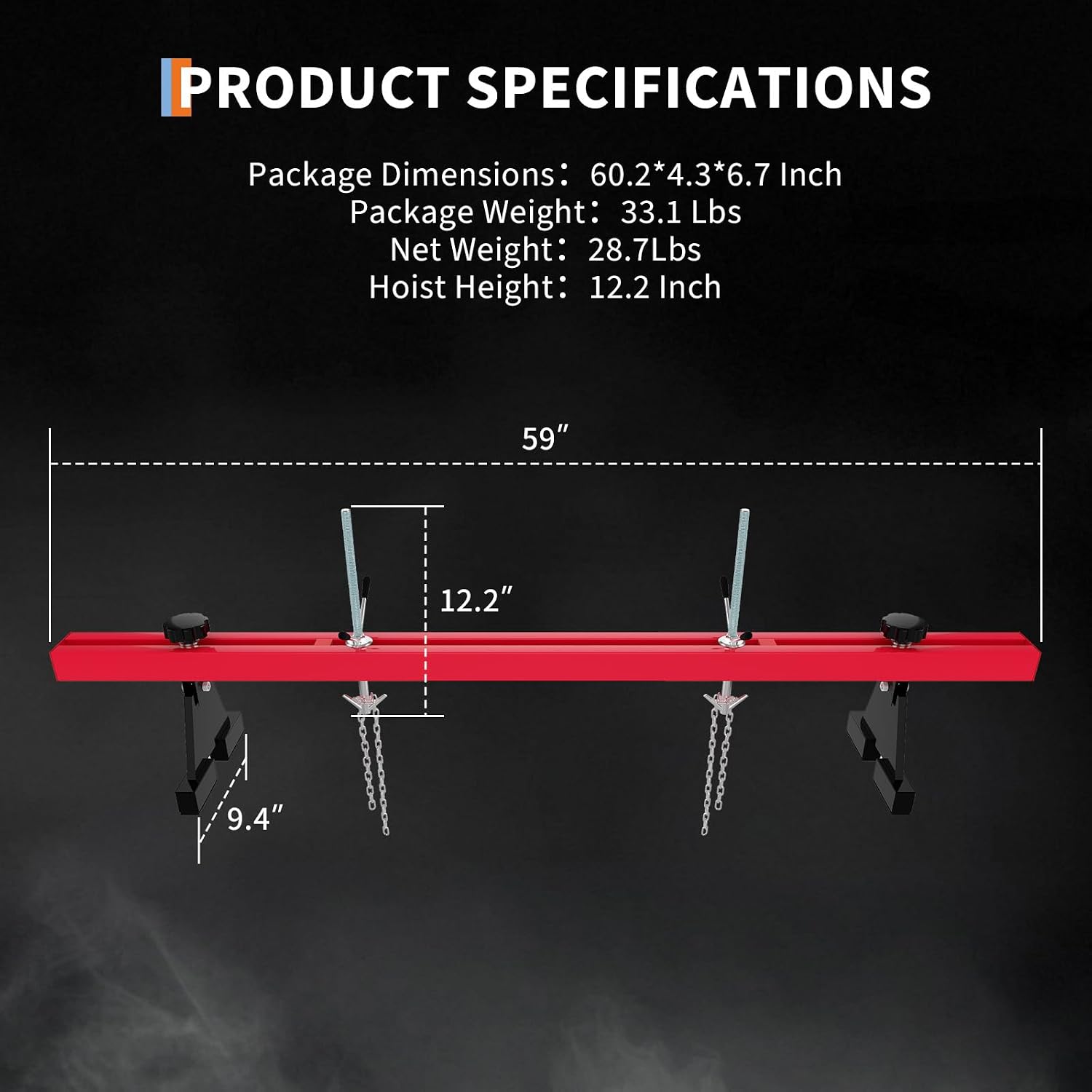 DEXSO Engine Support Bar 1100 Lbs Capacity Engine Transverse Bar Engine Hoist 2 Point Lift Holder Hoist Dual Hooks, Engine Hoist for Home Garages & Auto Repair Shop, Red
