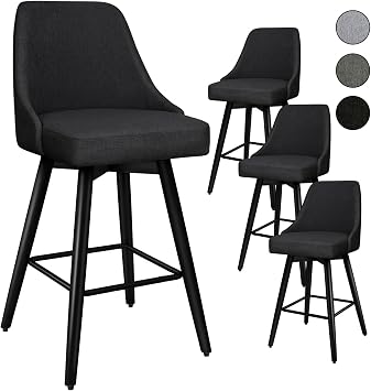 ALFORDSON Swivel Counter Height Bar Stools Set of 4, Modern 26" Barstools with Full Backrest, Breathable Linen Fabric Upholstered Bar Chairs for Kitchen Island, Home Bar, Sturdy Metal Legs, Black