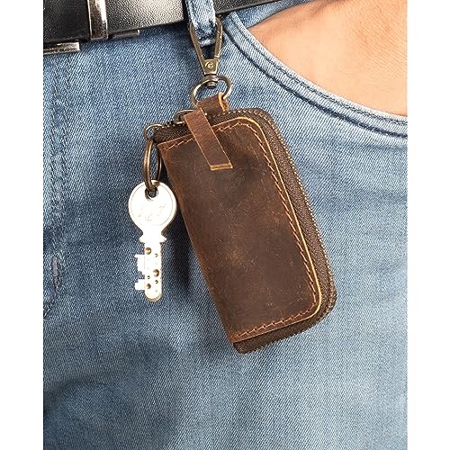 Image of Handmade Full Grain Leather Car Key Holder & Zippered Coin Purse | Belt Loop Key Chain, Compact Earphone Holder, Multi-Functional Money Purse, Elegant Leather Accessory, Versatile Key Organizer