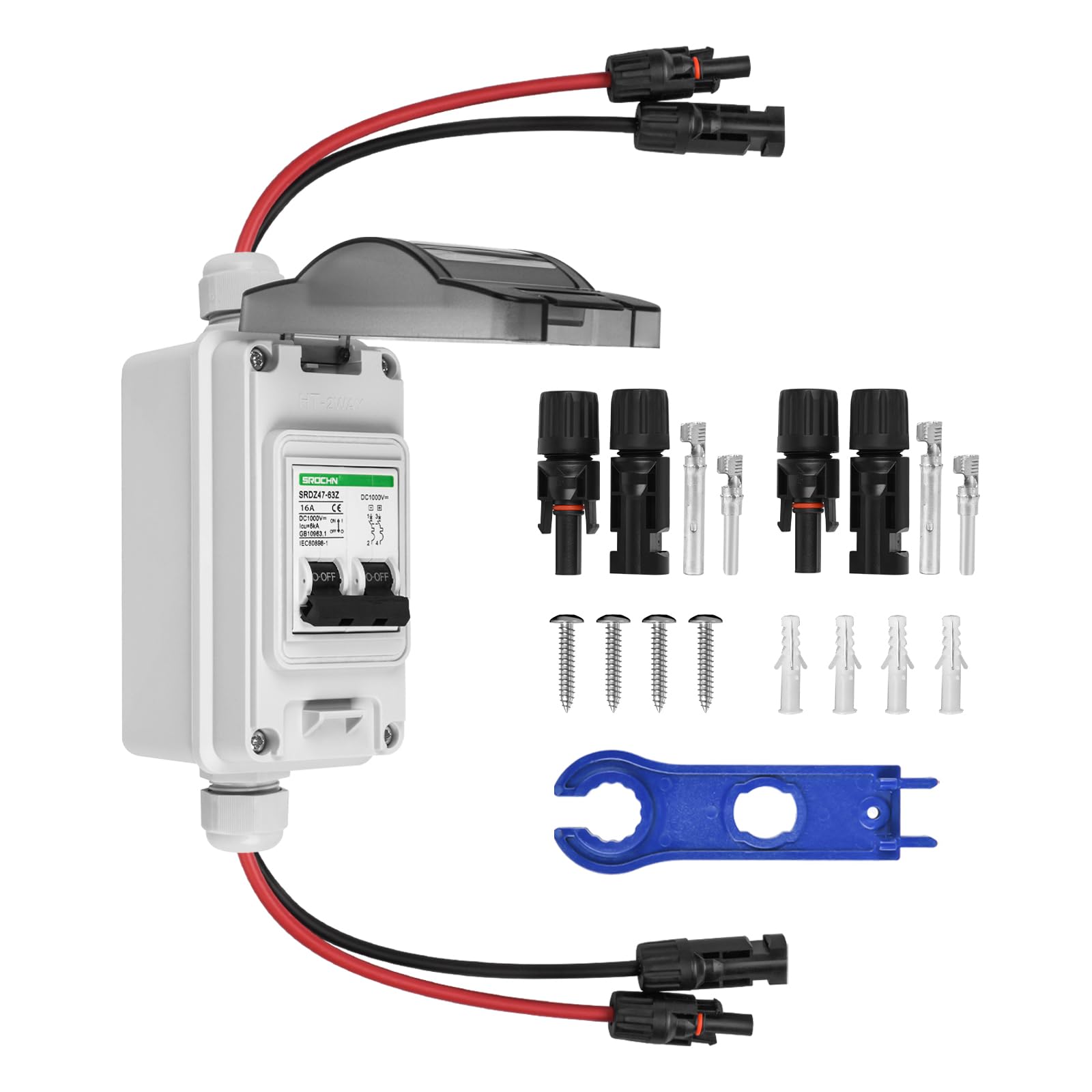 SROCHN DC Leistungsschalter 2P 16A 1000V – IP65 Wasserdicht, Mit Solarsteckern, Für PV Anlagen