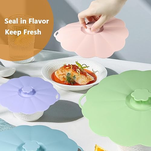 Miniatura 8 de Tapas de silicona para almacenamiento de alimentos, juego de 5 fundas reutilizables con 5 ganchos para cuencos, platos, platos, ollas y sartenes,