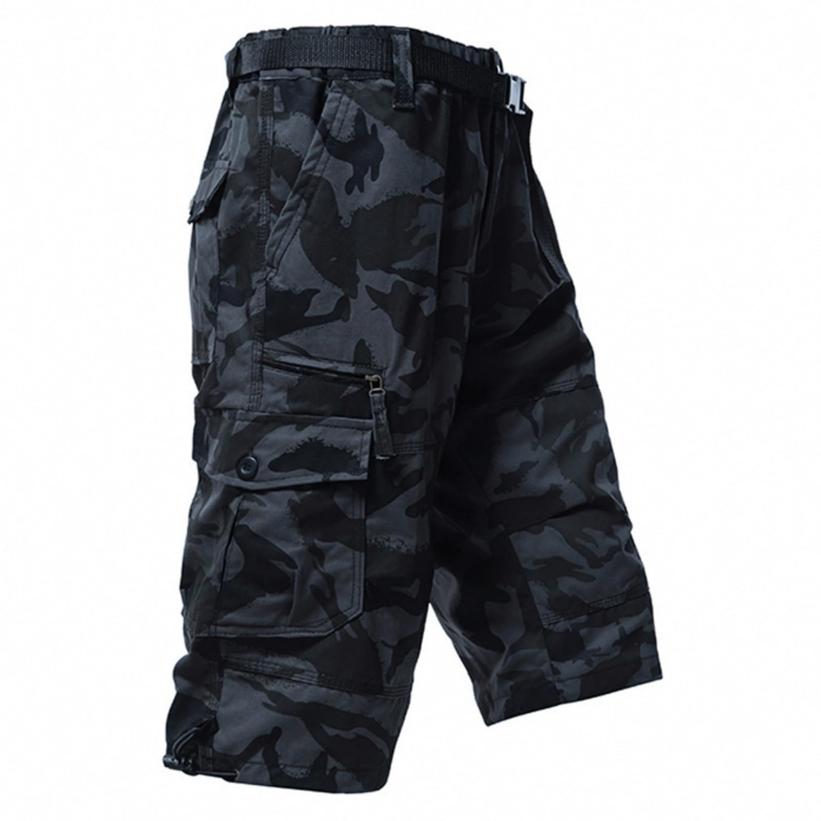 PADOLA Short Homme Cargo Coton Bermuda avec 7 Poches été Taille Elastique Camouflage Pantacourt à Jambes Larges avec Cordon de Serrage Baggy 3/4 Pantalon avec Ceinture Réglable