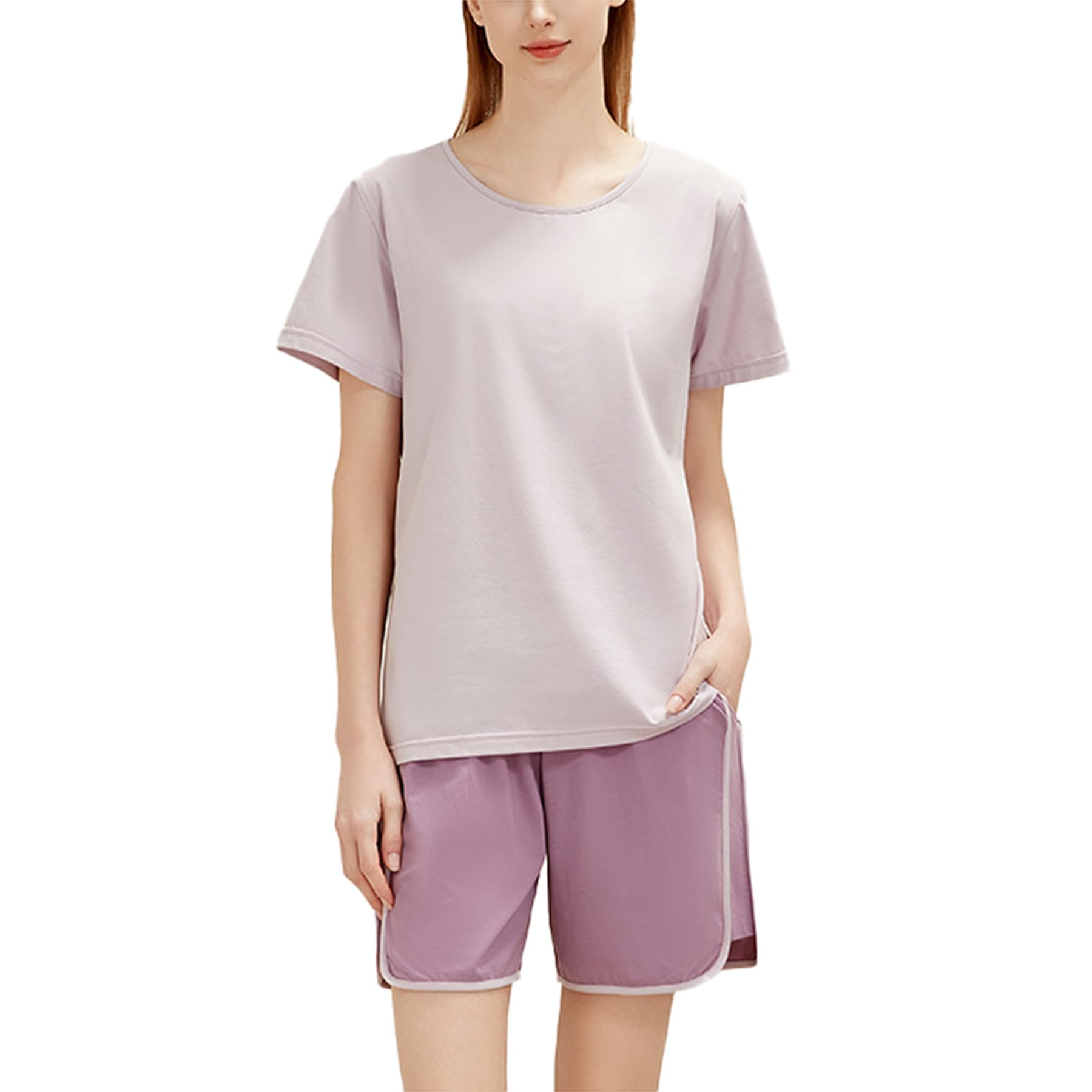 Generic Damska 2-częściowa piżama letnia cienka dzianina czysta bawełniana piżama okrągły dekolt krótkie spodenki z krótkim rękawem,Light purple,L