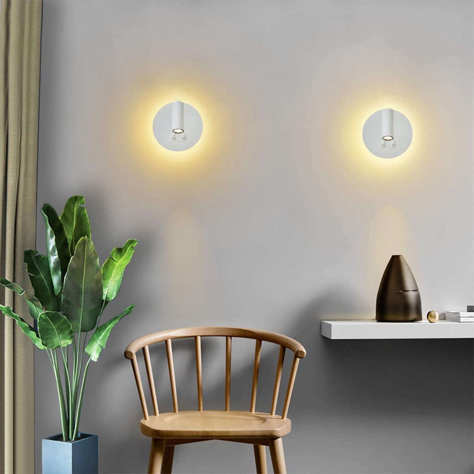 LED-Wandleuchte, Nachttisch-Lesewandleuchte, 12W LED Wand-Leselampen, verstellbarer Strahler （3W +9W 3000K Warmes Licht） schwarz (Rund weiß 2PCS)