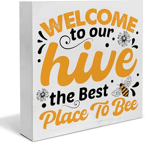 Letrero artístico de madera con texto en inglés "Welcome to Our Hive Wood the Best Place to Be", decoración de escritorio de 5 x 5 pulgadas, letrero disponible en Yaxa Colombia