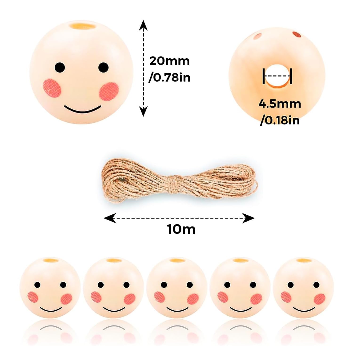 FiveMileBro Holzperlen Mit Gesicht – 50 Stück, 20 Mm Durchmesser, 4,5 Mm Loch Für DIY