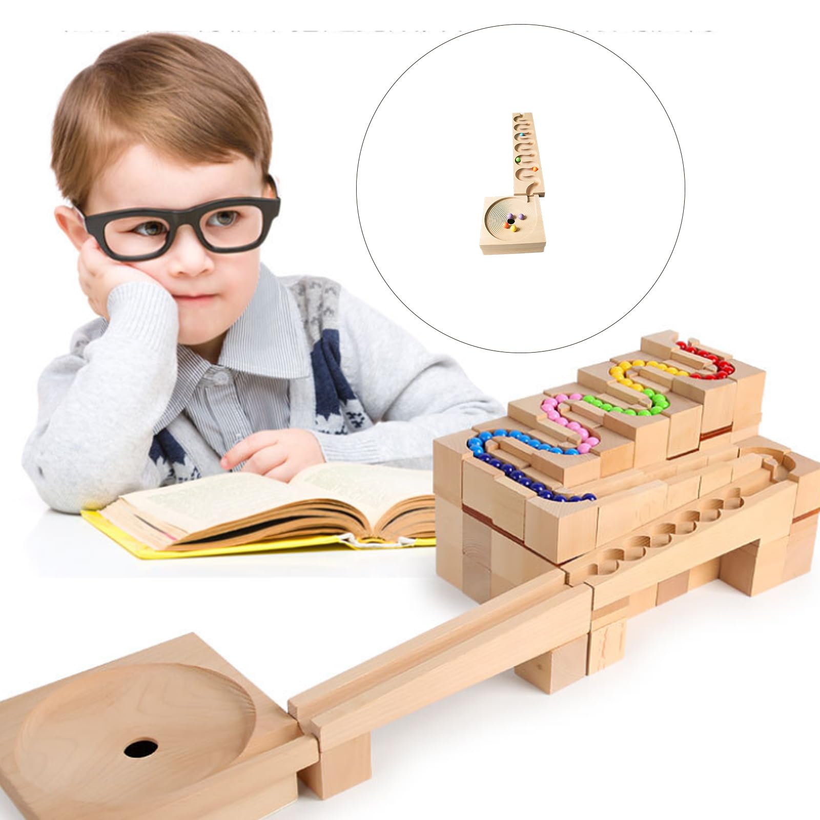 Set rulli in Legno da Costruzione Giocattolo educativo per Bambini Blocchi Costruzione con Pista per Palline Set rulli in Legno creativi Giocattolo didattico per Bambini in età la