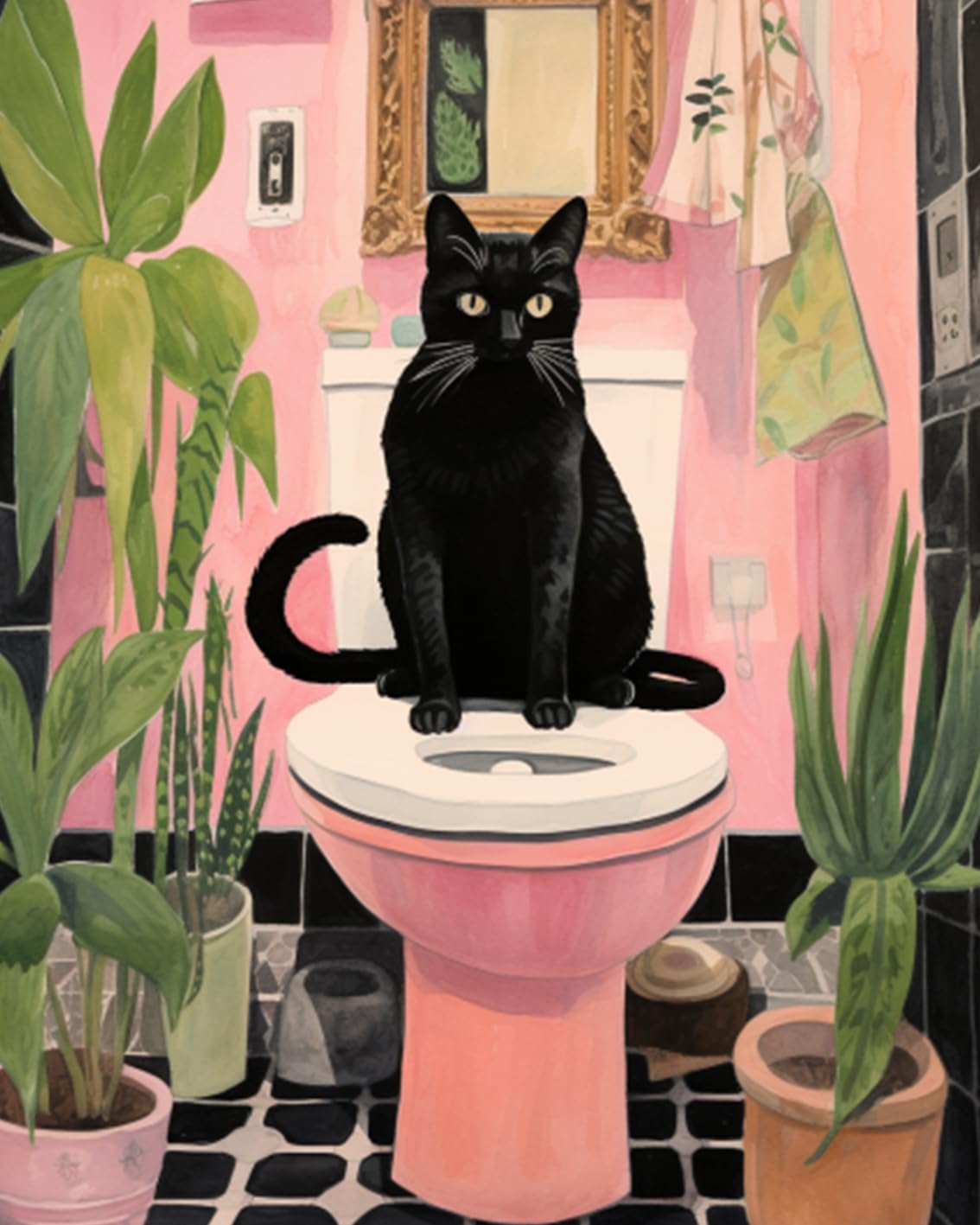 Black Cat Sit on Toilet Oil Painting Paint by Number Kits 16 x 20 inch Canvas Abstract Botanical Pink Green DIY Painting for Kids Students Adults Beginner with Brushes Acrylic Pigment(without Frame)