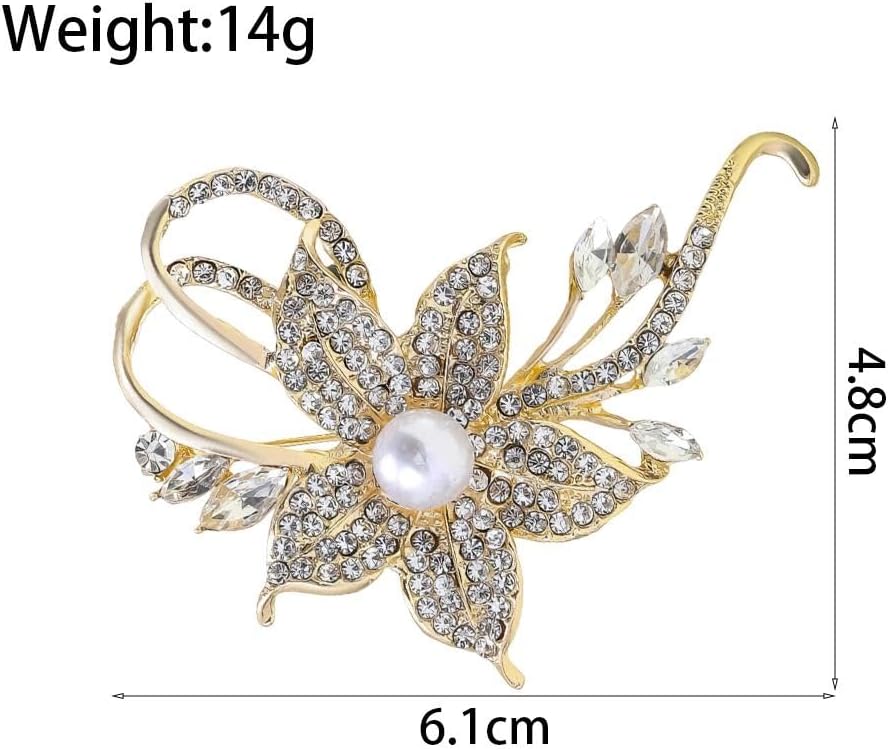 Gold Pearl Crystal Flower Brooch Pin for Women, Boho Vintage Dainty Sparkly Rhinestone 3D Floral Brooch Versatile Statement Lapel Pin Trendy Prom Gifts