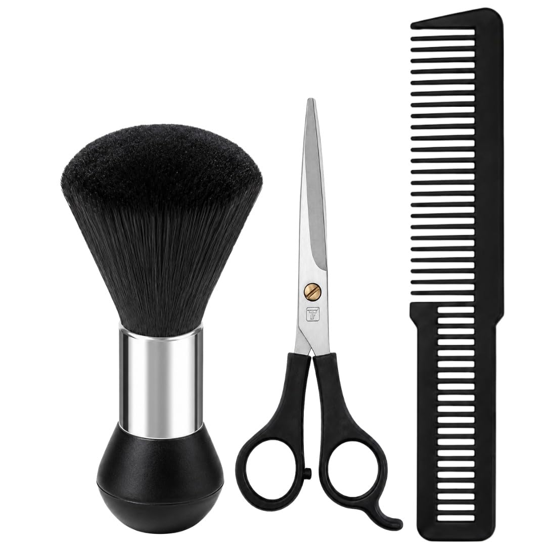 3-in-1 Professional Hair Cutting Kit for MeN | Barber Neck Duster Brush, Stainless Steel Hair Cutting Scissors & Styling Comb | Salon Haircut Grooming Set | Black-image-14