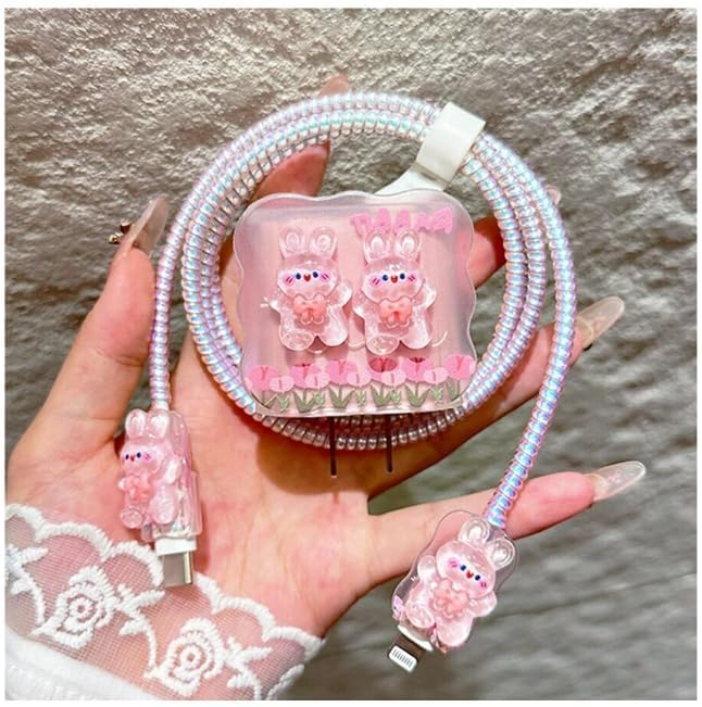 Image of Protective Charger Case for iPhone 18W 20W iPhone 15 14 13 12 11 Pro Max Charging Cable Charger Protective Cover Data Cable Protective Sleeve -(Pink Rabbit)