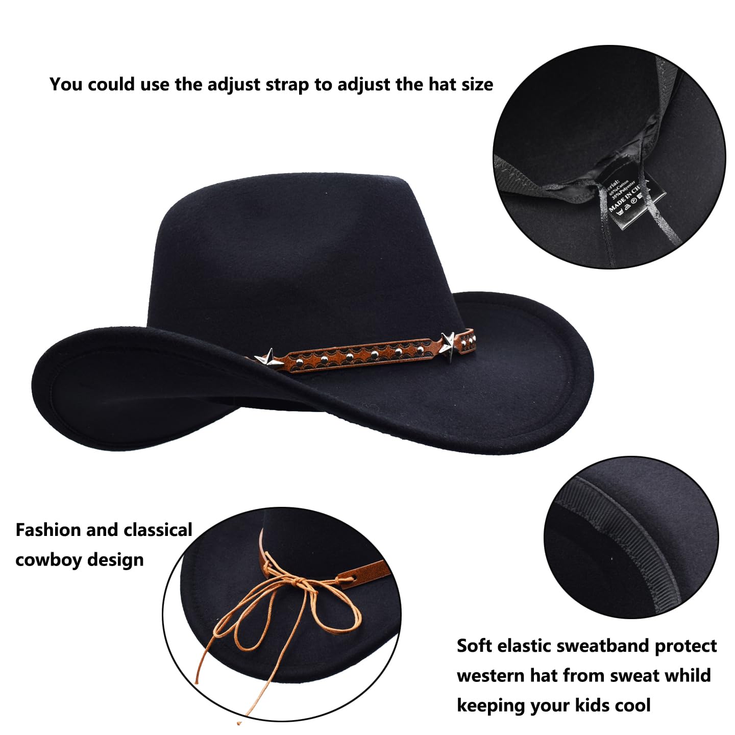 Cappello da cowgirl western a tesa larga con fibbia e cintura in feltro