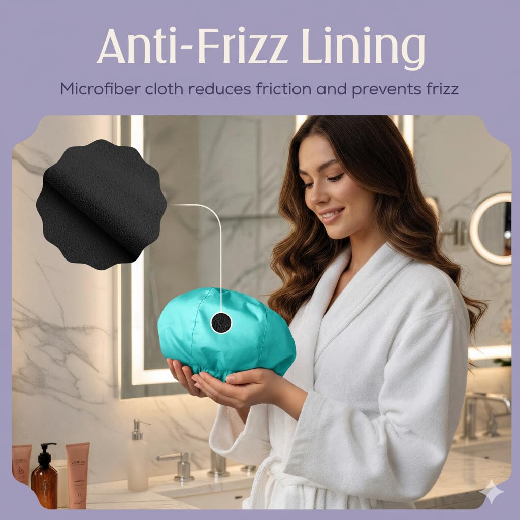 Gorro de ducha de alta calidad para mujer, más de 1000 duchas, 100% impermeable, doble cara, grande para cabello largo e ideal para rizos (forro de tela de rizo antiencrespamiento), color turquesa.