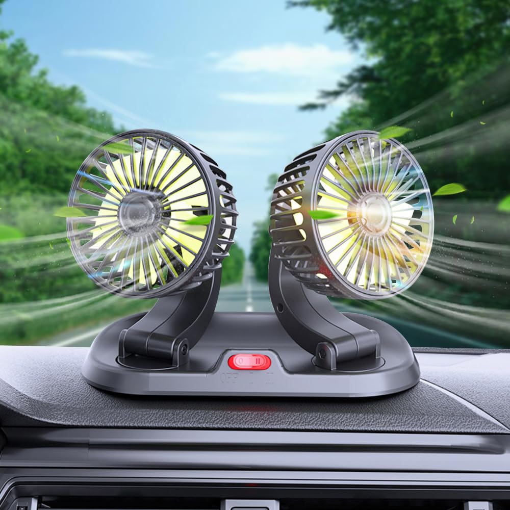 Ventilateurs Voiture,Double Tête 12V Ventilateur Auto Rotatif à 360 Degrés avec Double Ventilateurs à 2 Vitesses Adapté Avec Allume-cigare pour Voitures Camping Car
