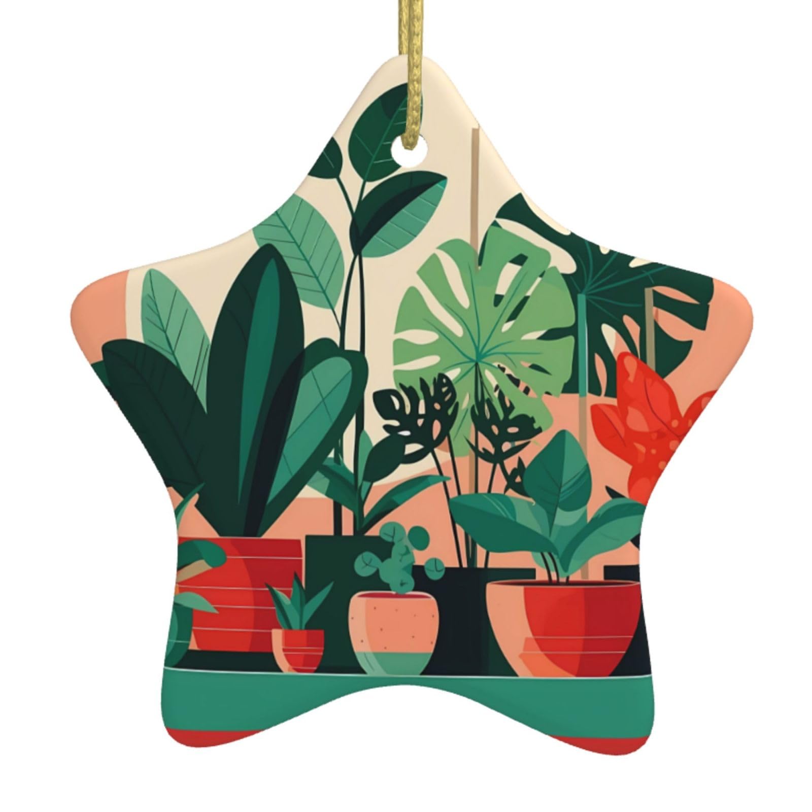 Indoor Potted Green Plants Christmas Ceramic Star Pendant with Punched Holes and Gold Wire Rope, Christmas Tree Home Decoration