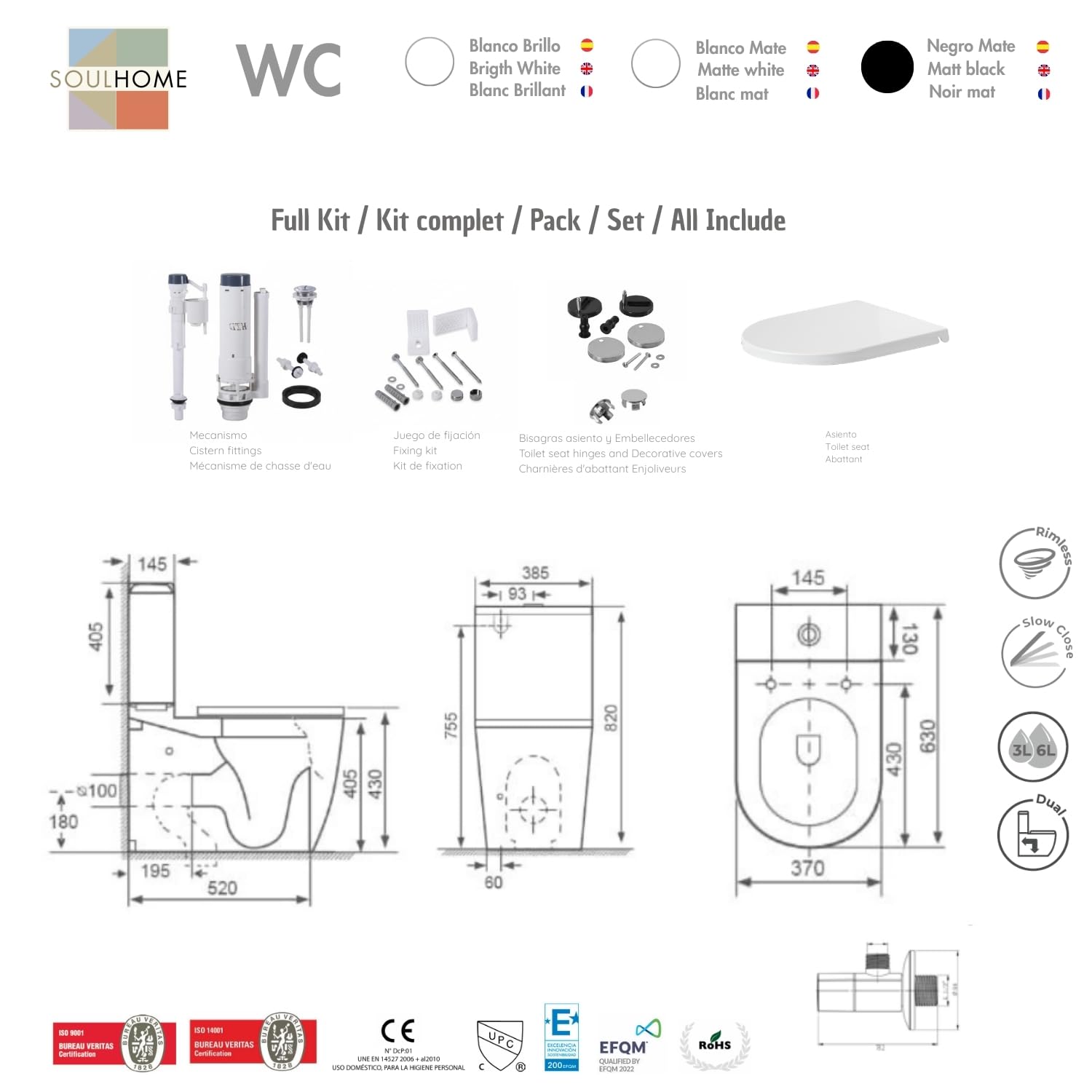 SOULHOME Pack Inodoro Completo Rimless Curvo Blanco Mate | Tapa Amortiguada | Salida Horizontal/Vertical | Doble Descarga Eco | Pulsador Dorado