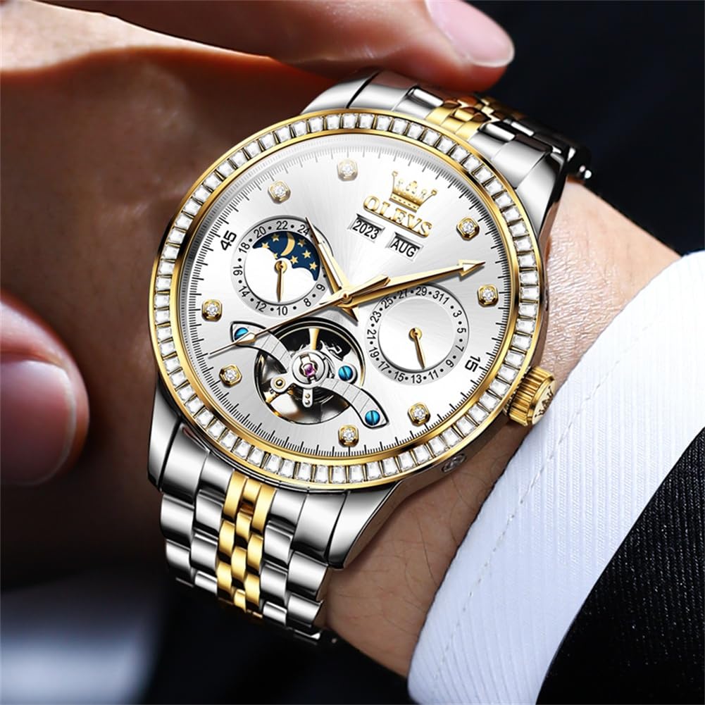 OLEVS Automatic Watches for Men Mechanical Dress Luxury Tourbillion Moon Phase Gold Silver Stainless Steel Waterproof Luminous Men Wrist Watches Year Date Day Windows Blue White