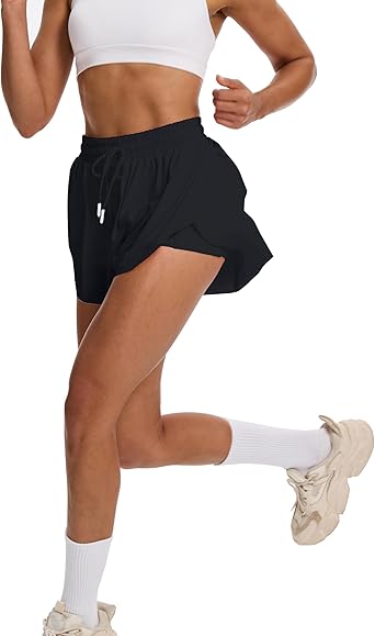 Dames hardloopshort, 2-in-1 sportshort tennis gym fitness hardloopshort met 2 zakken zwarte damesshort, workout sportrok elastische tailleband (DE/NL/SE/PL, Alfabetisch, L, Regular, Regular, zwart