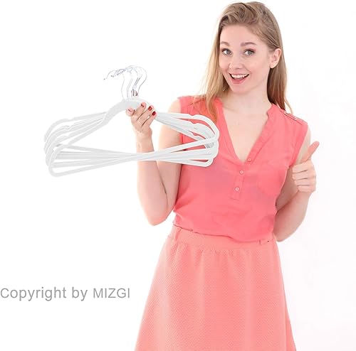 Miniatura 8 de MIZGI Perchas de terciopelo prémium (paquete de 60) resistentes, antideslizantes, ganchos cromados blancos, ahorro de espacio, color blancoplateado