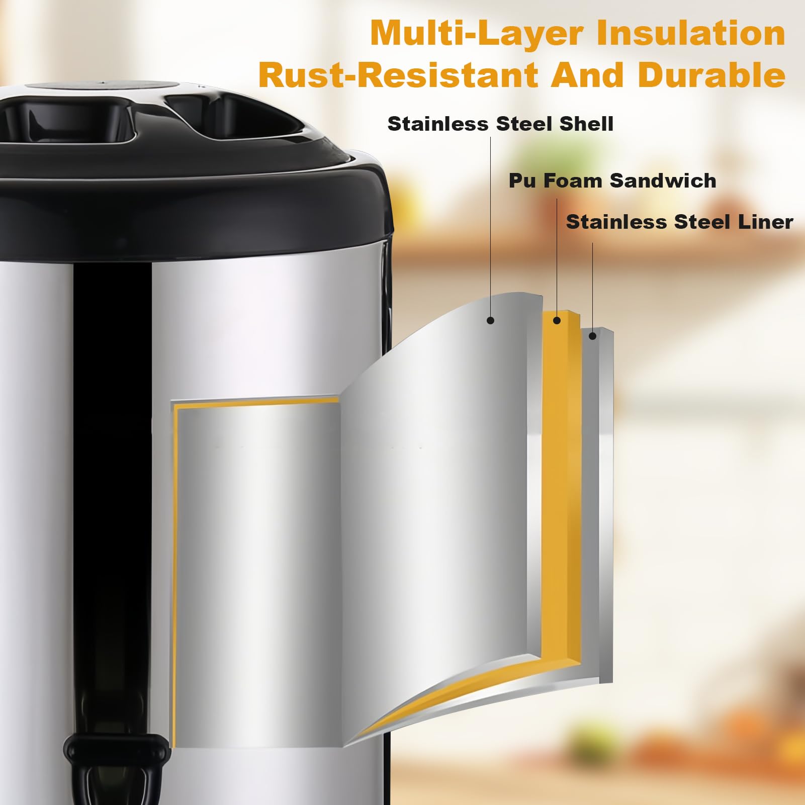 Distributore di bevande isolato da 8 l, in acciaio inox, con beccuccio, secchio per bevande calde e fredde, per latte, tè, caffè