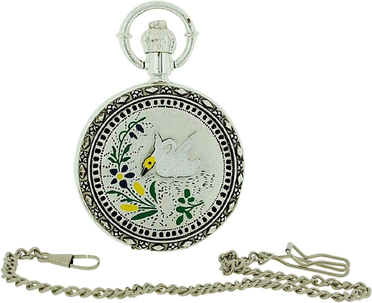 Jakob Strauss Silver Tone Swan Fancy Cover Ladies Pocket Watch + Chain JAST48
