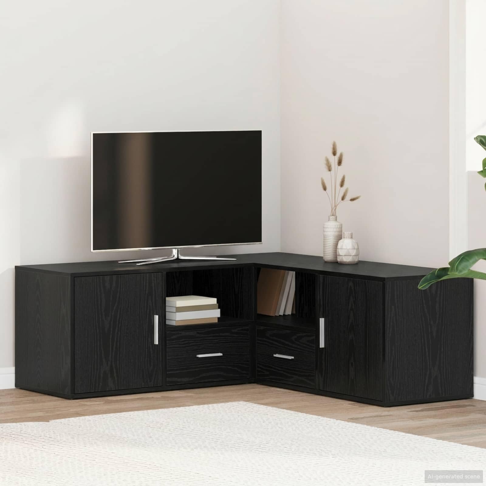 Mangloder - Armario esquinero de roble negro de madera de 200 x 40 x 45 cm con 2 cajones y 4 estantes, puerta reversible para salón, pasillo, oficina, ahorro de espacio