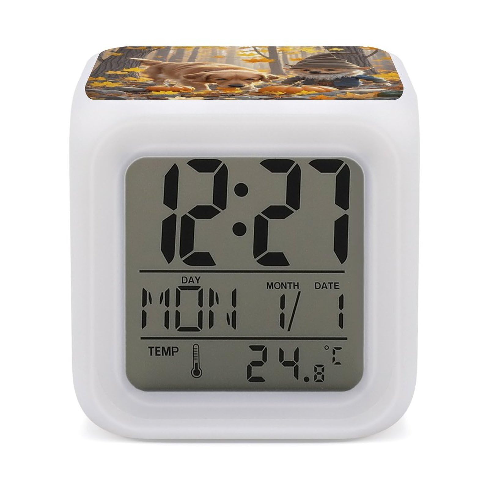 LZQPOEAS Dog and Maple Leaves Alarm Clock Desk Clock with 7 Color Changing Night Light Digital Clocks with Temperature Display Sleep Training and Sound Machine for Heavy Sleeper