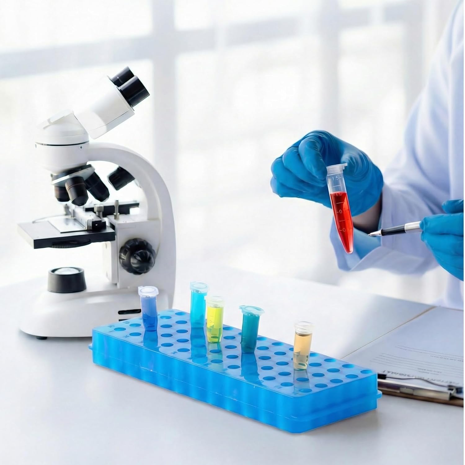 Tioncy 7 Pcs 60 Well Double Panel Microcentrifuge Tube Rack Holder and 500 Polypropylene 1.5 ml Graduated Centrifuge Tubes with Snap Cap for 0.5-2 ml Test Vials Chemistry Laboratory, Assorted Colors