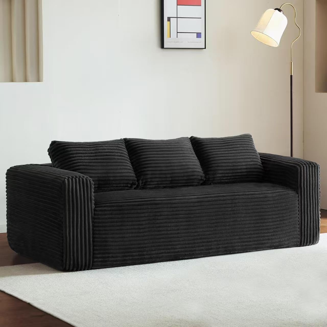 80" Modern Cloud Loveseat Sofa, Corduroy Cloud Boneless Couches for Living Room with Memory Foam, Deep Seat Design for Small Spaces, No Assembly Required (Black, 3 Seater)