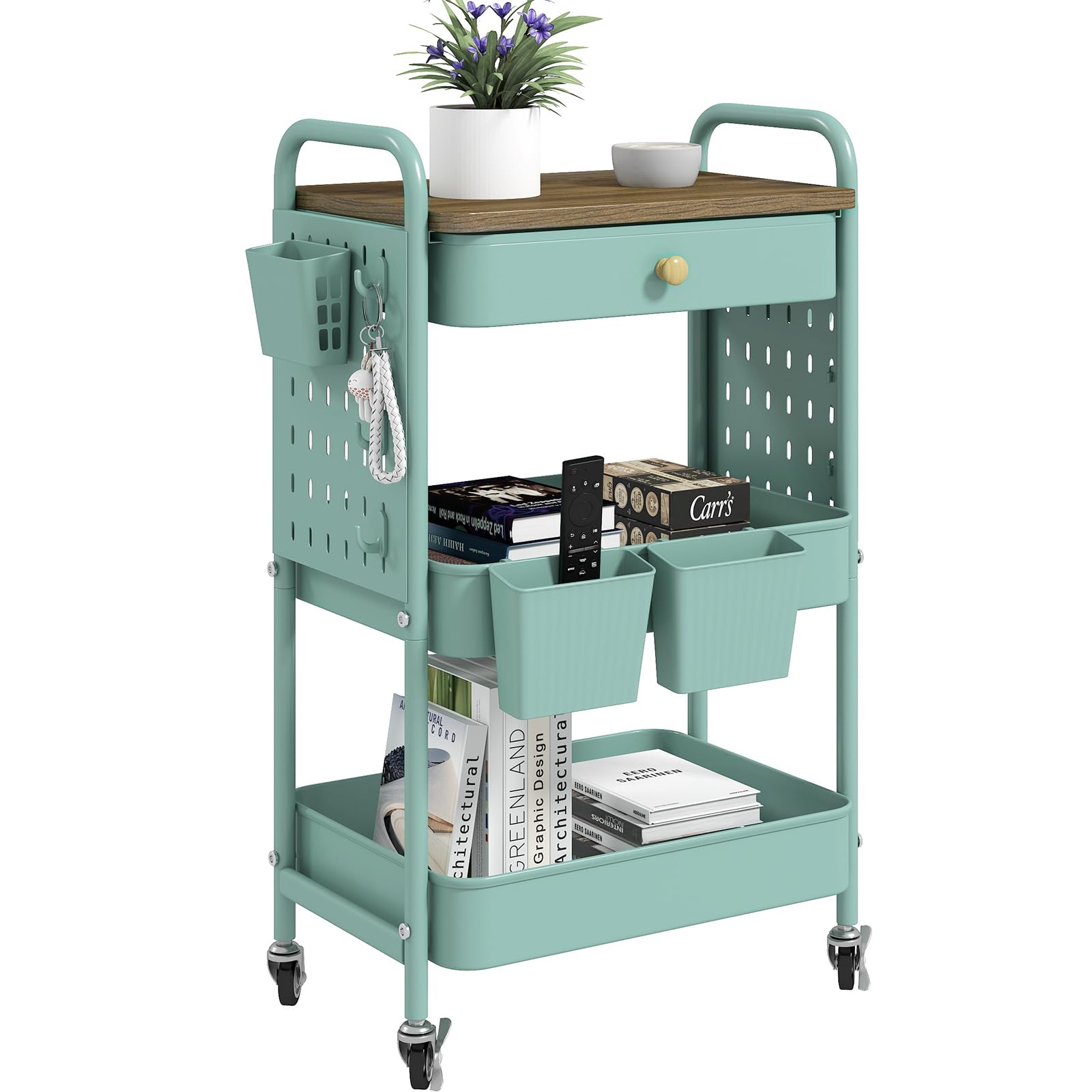 danpinera 3 Tier Rolling Cart, Metal Utility Cart with Wooden Table Top & DIY Pegboard, Rolling Carts with Drawer, Storage Cart Craft Cart with Hooks