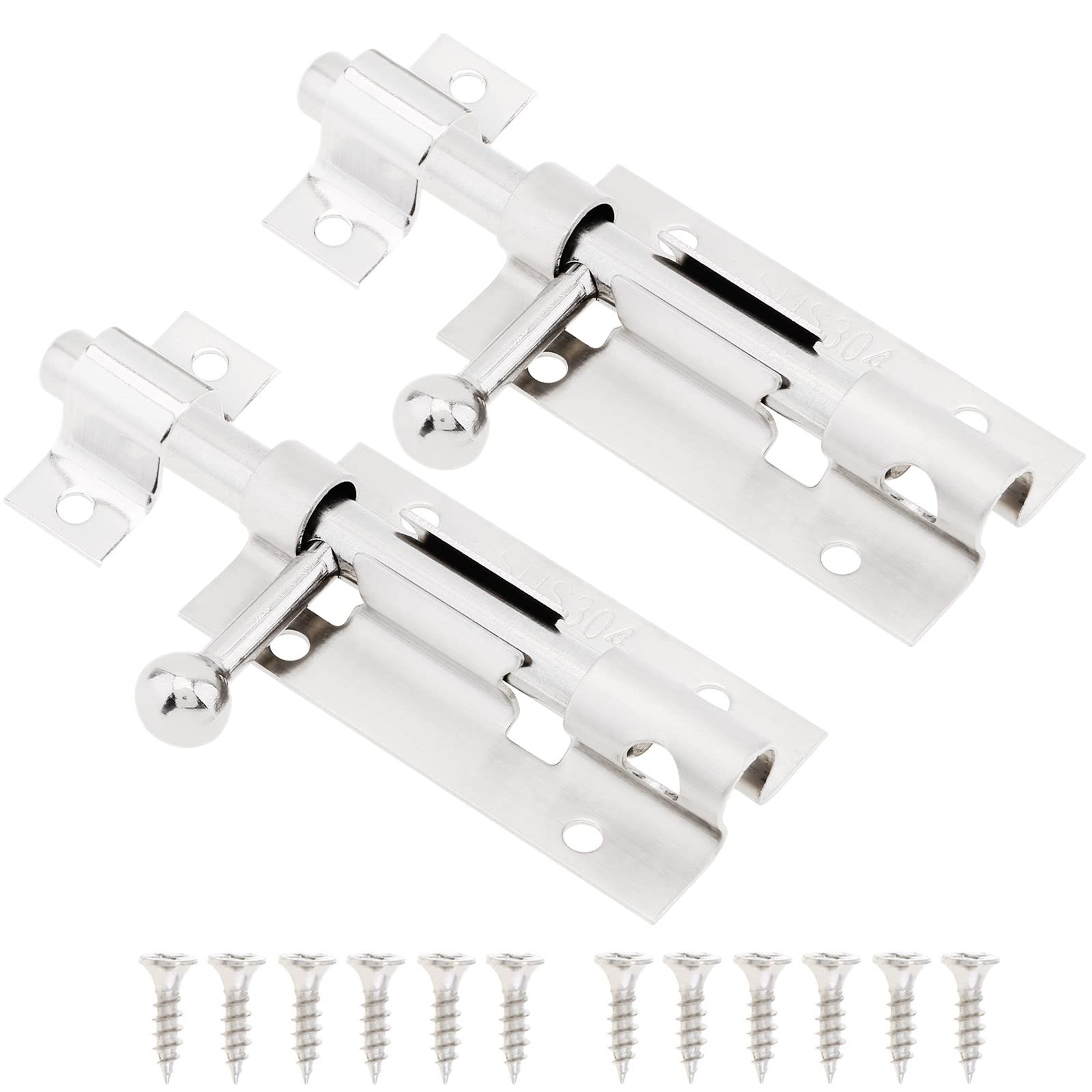 Barrel Bolt Door Lock Latch, 2 Pack 4 Inch Thickened 304 Stainless Steel Sliding Gate Latches with Padlock Hole, Door Security Slide Latch Lock